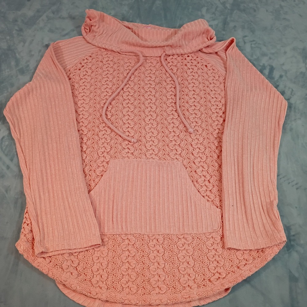 No Boundaries Peach Crochet Lace Ribbed Cowl Neck Hoodie XL 15-17